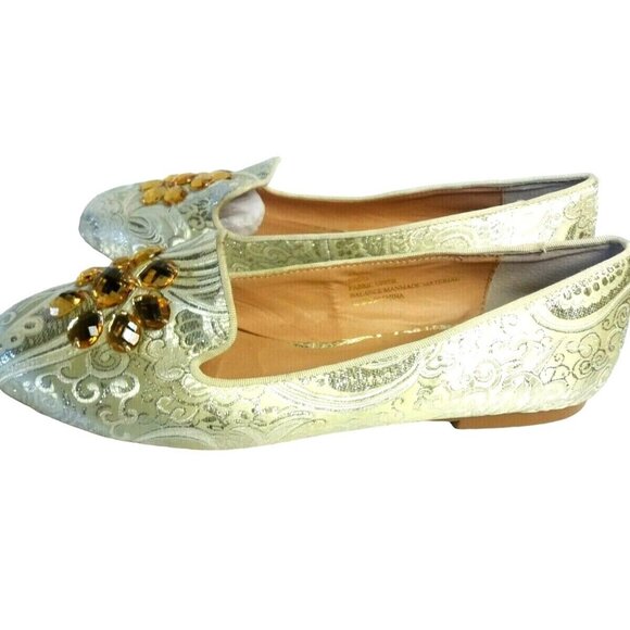 Elegant Slip-On Brocade Flats Slippers Ballet Size 8.5 Embellishment Gold Silver - Picture 3 of 10